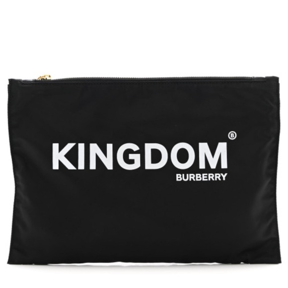 Burberry Kingdom Medium Logo Flat Nylon Top Zip Clutch/Pouch in black/white EUC - Picture 1 of 17